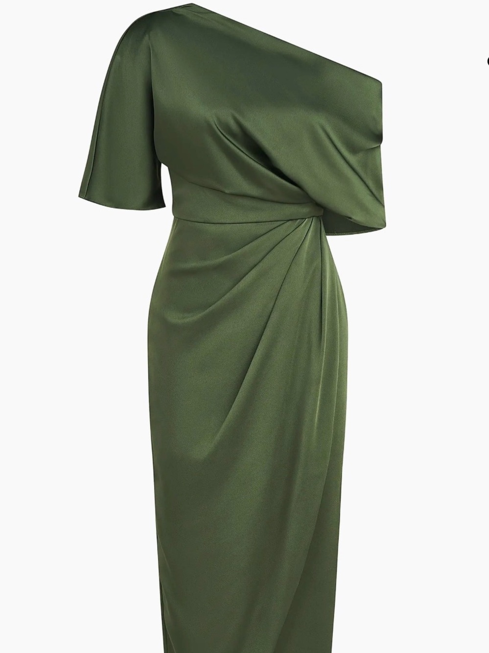 Theia Olive One-Shoulder Draped Gown